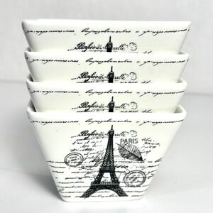 Set 4 Ciroa Eiffel Tower Paris 4" Square Appetizer/Dessert/Fruit Bowls White Blk